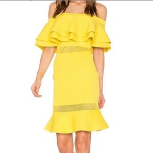 Endless Rose by Revolve Flared Off the Shoulder Yellow Knit Mini Dress | L